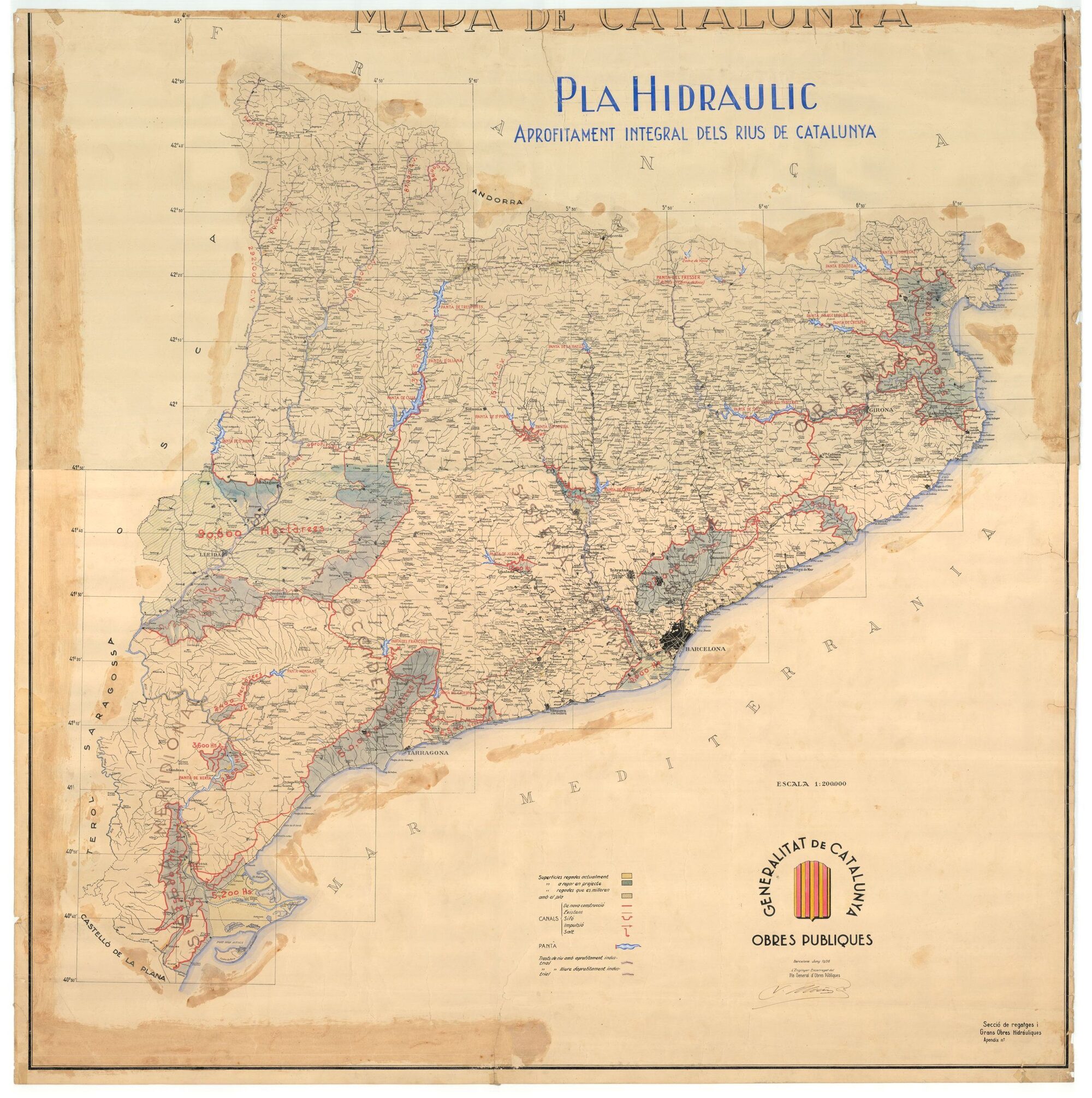 Plànol del Pla Hidràulic de Catalunya de 1936 amb la futura zona regable del Segarra-Garrigues grafiada